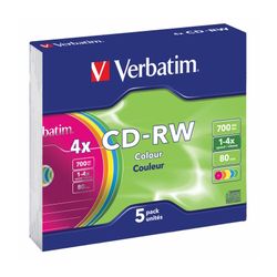 Verbatim CD-RW 2-4X 700Mb/80Min Colour Slim Case Pk5