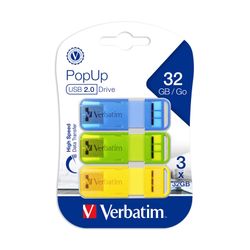 Verbatim Usb Flash Drive Pop Up Usb 2.0 Assorted Bright 32Gb Pack 3