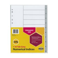 Marbig Indices & Dividers 1-10 Tab PP A4 Grey