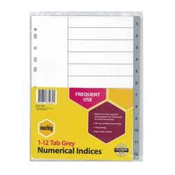 Marbig Indices & Dividers 1-12 Tab PP A4 Grey