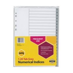 Marbig Indices & Dividers 1-20 Tab PP A4 Grey