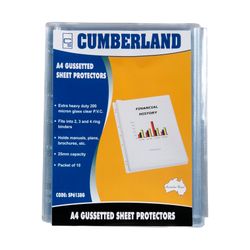Cumberland Sheet Protectors A4 25mm Gusset 200 Micron Extra H/Duty Glass Clear Pvc Pack 10