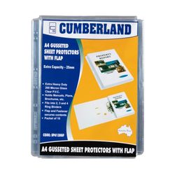 Cumberland Sheet Protectors A4 25mm Gusset & Flap 200 Mic Extra H/Duty Glass Clear Pvc Pack 10