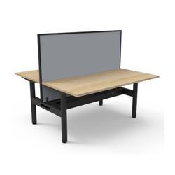 Halo Static Back to Back Workstation with Black/Grey Screen and Cable Tray 1500W Black Frame Natural Oak Scallop Top