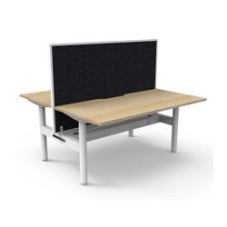 Halo Static Back to Back Workstation with White/Black Screen and Cable Tray 1500W White Frame Natural Oak Scallop Top
