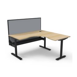 Halo Static Corner Workstation With Cable Tray and Black/Grey Screen 1500x1500 Black Frame Natural Oak Top