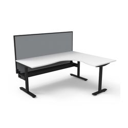 Halo Static Corner Workstation With Cable Tray and Black/Grey Screen 1800x1500 Black Frame Natural White Top