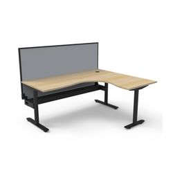 Halo Static Corner Workstation With Cable Tray and Black/Grey Screen 1800x1500 Black Frame Natural Oak Top