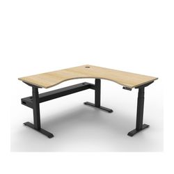Rapid Boost Plus Height Adjustable Workstation with Cable Tray 1500x1500mm Black Frame Natural Oak Top