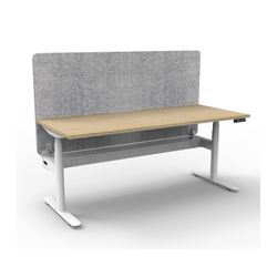 Rapid Halo Plus Height Adjustable Desk with Grey Eco Screen & Cable Tray 1500mm White Frame Natural Oak Scallop Top