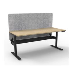 Rapid Halo Plus Height Adjustable Desk with Grey Eco Screen & Cable Tray 1800mm Black Frame Natural Oak Scallop Top