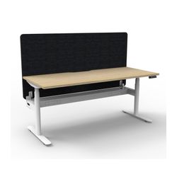 Rapid Halo Plus Height Adjustable Desk with Black Eco Screen & Cable Tray 1800mm White Frame Natural Oak Scallop Top
