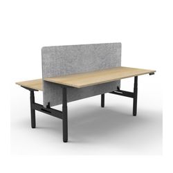 Rapid Halo Plus Height Adjustable Back to Back Desk with Grey Eco Screen 1800mm Black Frame Natural Oak Scallop Top
