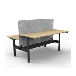 Rapid Halo Plus Height Adjustable Back to Back Desk with Grey Eco Screen & Cable Tray 1800mm Black Frame Natural Oak Scallop Top