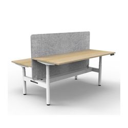 Rapid Halo Plus Height Adjustable Back to Back Desk with Grey Eco Screen & Cable Tray 1800mm White Frame Natural Oak Scallop Top
