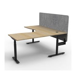 Halo Plus Height Adjustable Corner Workstation with Grey Eco Screen 1500x1500mm Black Frame Natural Oak Scallop Top