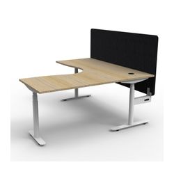 Halo Plus Height Adjustable Corner Workstation with Black Eco Screen 1800x1800mm White Frame Natural Oak Scallop Top