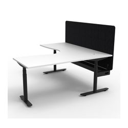 Halo Plus Height Adjustable Corner Workstation with Black Eco Screen & Cable Tray 1500x1500mm Black Frame Natural White Scallop Top