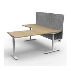 Halo Plus Height Adjustable Corner Workstation with Grey Eco Screen & Cable Tray 1500x1500mm White Frame Natural Oak Scallop Top