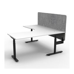 Halo Plus Height Adjustable Corner Workstation with Grey Eco Screen & Cable Tray 1800x1500mm Black Frame Natural White Scallop Top