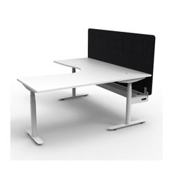 Halo Plus Height Adjustable Corner Workstation with Black Eco Screen & Cable Tray 1800x1500mm White Frame Natural White Scallop Top