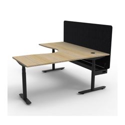 Halo Plus Height Adjustable Corner Workstation with Black Eco Screen & Cable Tray 1800x1800mm Black Frame Natural Oak Scallop Top