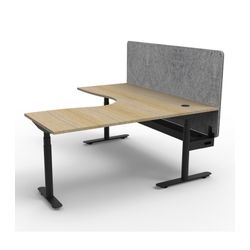 Halo Plus Height Adjustable Corner Workstation with Grey Eco Screen & Cable Tray 1800x1800mm Black Frame Natural Oak Scallop Top