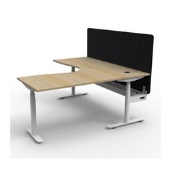 Halo Plus Height Adjustable Corner Workstation with Black Eco Screen & Cable Tray 1800x1800mm White Frame Natural Oak Scallop Top