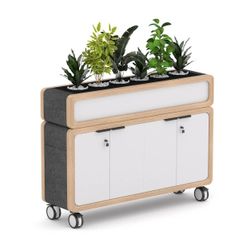 Rover Mobile Credenza with Planter Box 1650mm W Timber & White with Gray Panelling