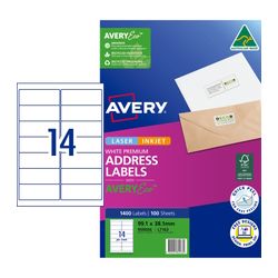Avery 14Up AveryEco Laser Inkjet Address Labels 100 Sheets (959004/L7163/J8163)