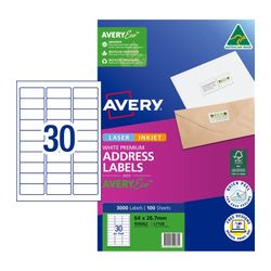 Avery 30Up AveryEco Laser Inkjet Address Labels 100 Sheets (959062/L7158/J8158)