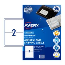 Avery 2Up Waterproof Laser Shipping Labels White 10 Sheets (959412/L7072)