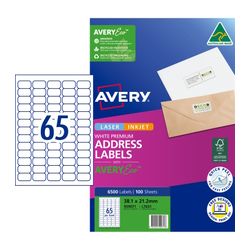 Avery 65Up AveryEco Laser Inkjet Address Labels 100 Sheets (959071/L7651/J8651)
