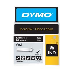 Dymo Rhino Tape Vinyl 12mm x 5.5M White On Black