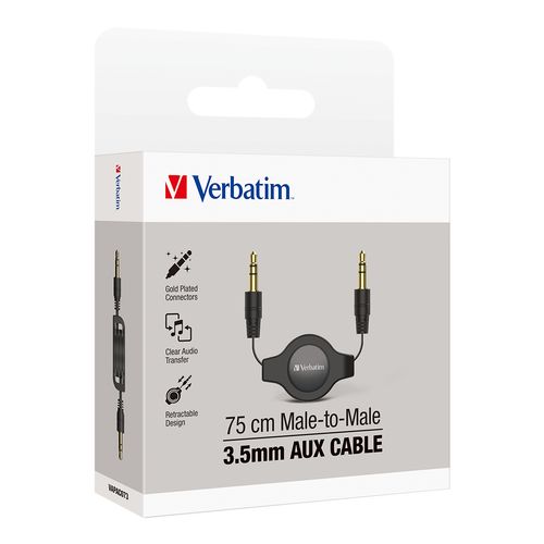 Verbatim Audio Cable 75cm 3.5mm Aux Retractable Black
