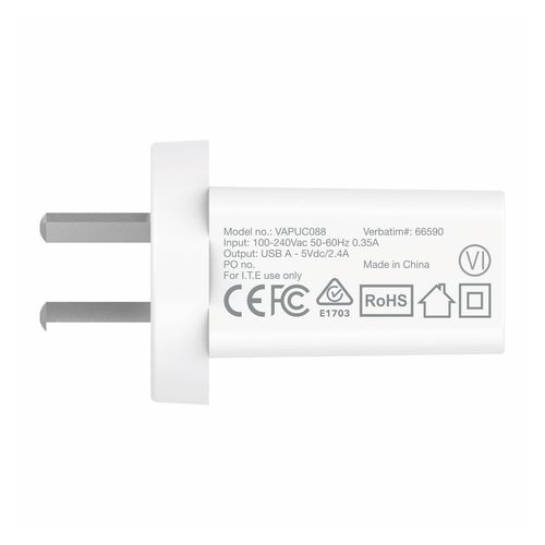 Verbatim Charger Usb Single Port 2.4A White