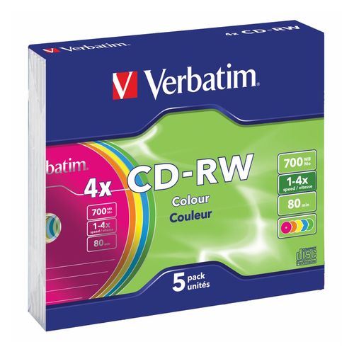 Verbatim CD-RW 2-4X 700Mb/80Min Colour Slim Case Pk5