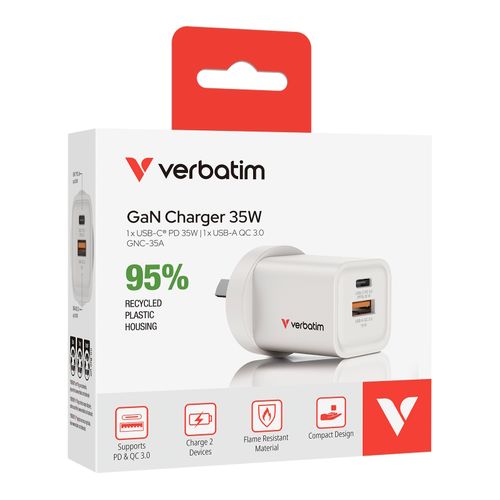Verbatim Charger USB GaN 35W 1 USB-C + 1 USB-A White