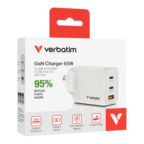 Verbatim Charger USB GaN 65W 2 USB-C + 1 USB-A White