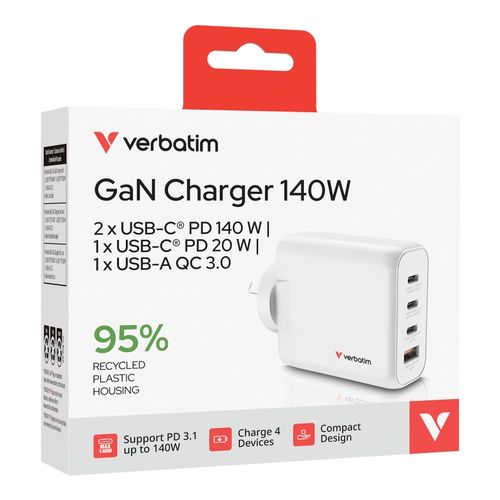 Verbatim Charger USB GaN 140W 3 USB-C + 1 USB-A White