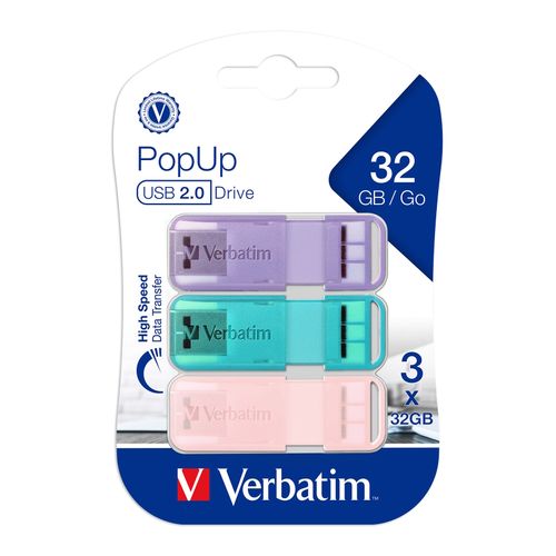 Verbatim Usb Flash Drive Pop Up Usb 2.0 Assorted Pastel 32Gb Pack 3