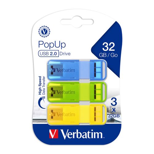Verbatim Usb Flash Drive Pop Up Usb 2.0 Assorted Bright 32Gb Pack 3