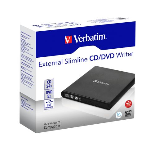 Verbatim CD/DVD Writer External Slimline Mobile Usb 2.0 Black