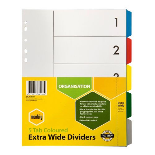 Marbig Indices & Dividers 5 Tab PP A4 Extra Wide