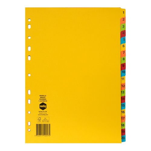 Marbig Indices & Dividers 1-20 Tab Manilla A4 Brights