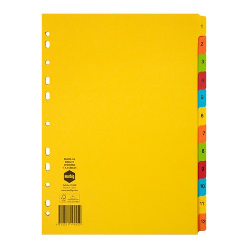 Marbig Indices & Dividers 1-12 Tab Manilla A4 Brights