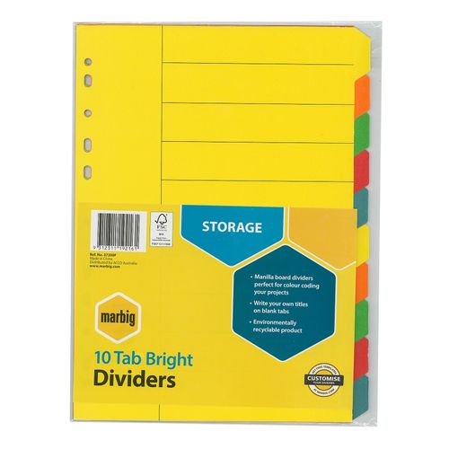 Marbig Indices & Dividers 10 Tab Manilla A4 Brights