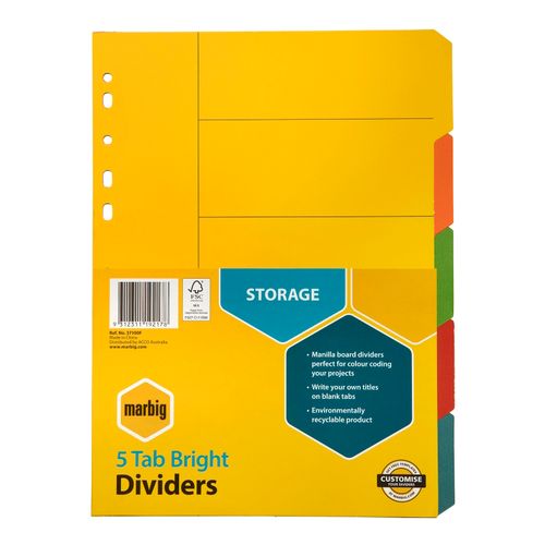 Marbig Indices & Dividers 5 Tab Manilla A4 Brights
