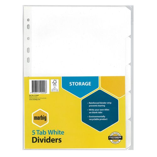 Marbig Indices & Dividers 5 Tab Manilla A4 White