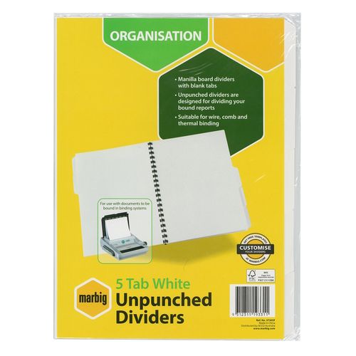 Marbig Indices & Dividers 5 Tab Manilla A4 Unpunched